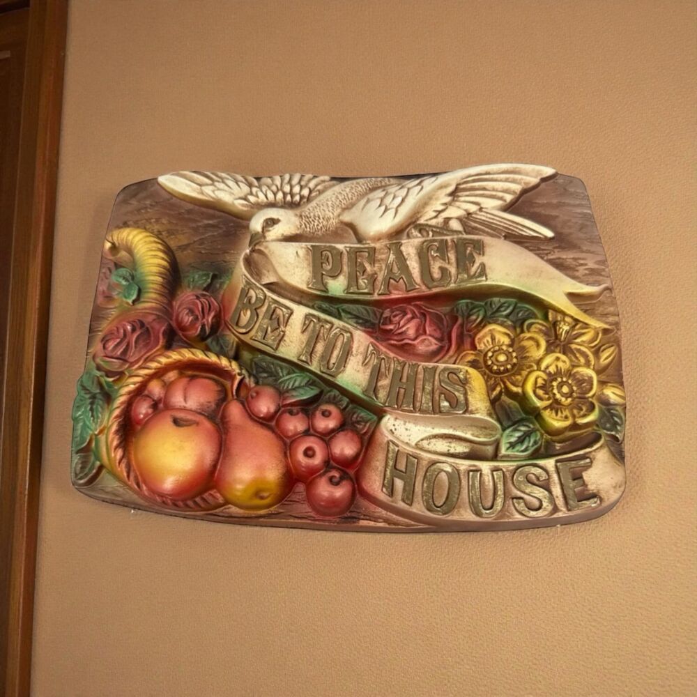 VTG 1971 Miller Studio Chalkware Dove Fruit Cornucopia Peace Plaque MCM 10x7